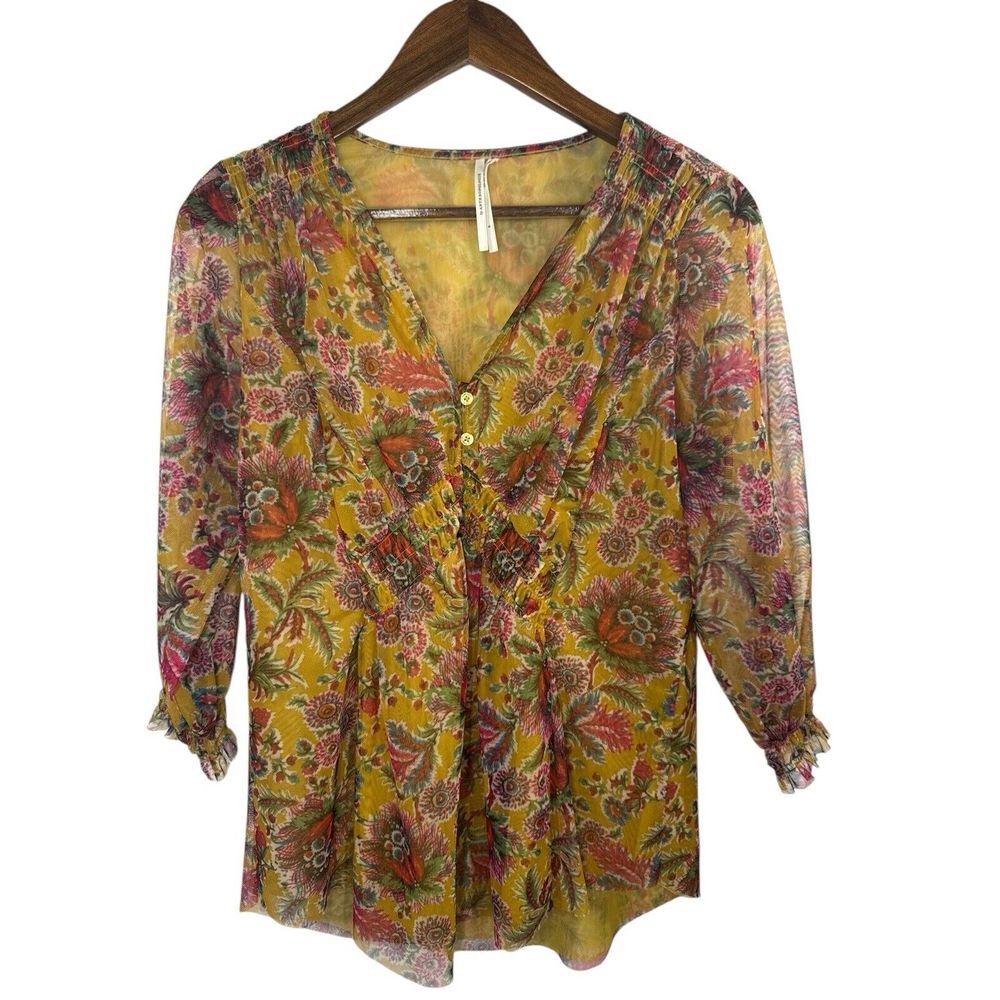 Anthropologie Gretchen v-neck yellow floral smocked mesh tunic top boho size S